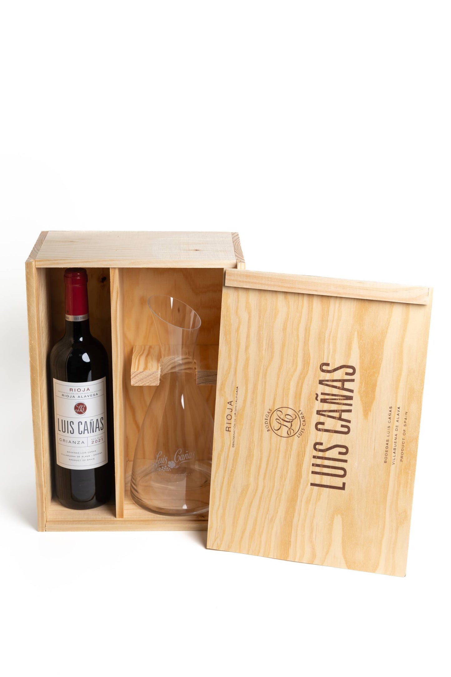 Estuche de Madera 1 Botella Vino Luis Cañas Crianza 75cl + Decantador